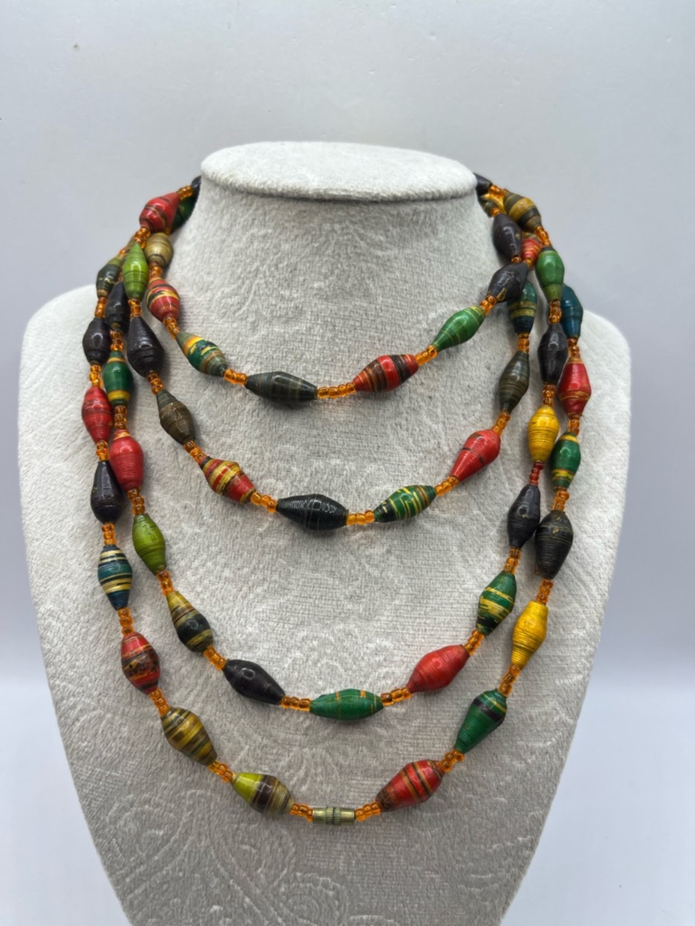 Handmade Multi-Color Paper Bead Necklace 60 in Jewel Tones Flapper Length